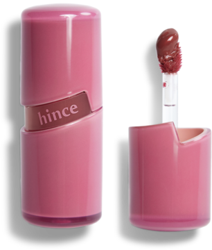 Różowy żelowy tint Hince z widocznym aplikatorem i brązowo-różową barwą, zamknięty i otwarty.
