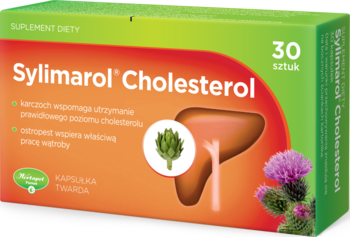 Pudełko Sylimarol® Cholesterol, suplement na cholesterol i wątrobę, zielono-pomarańczowe, 30 sztuk, z karczochem i ostropestem.