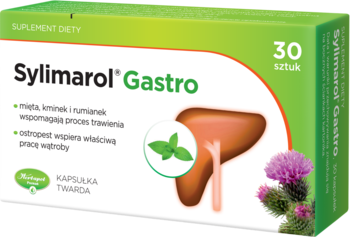 Biało-zielone opakowanie Sylimarol Gastro, suplement diety 30 sztuk, wspiera trawienie i wątrobę.
