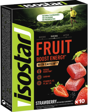 Isostar Fruit Boost Energy, truskawkowe galaretki z kofeiną, czarne pudełko z zielonym logo i truskawkami, widok z przodu.