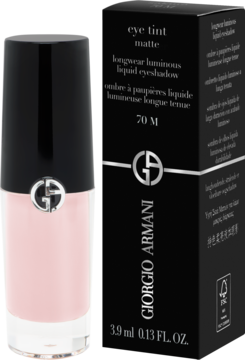 Giorgio Armani Eye Tint Matte, jasnoróżowy cień w płynie, buteleczka obok czarnego opakowania, widok z przodu.