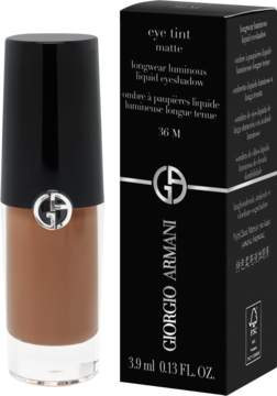 Brązowy Giorgio Armani Eye Tint Matte 36 M, długotrwały płynny cień do powiek w butelce z czarnym pudełkiem.