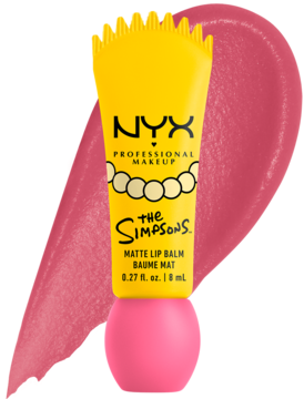 NYX The Simpsons Smarty Pink matujący balsam do ust, żółta tubka z Bartem, widok z przodu, różowa smuga.