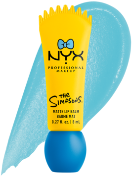 NYX The Simpsons matowy balsam Peekaboo Blue w żółtej tubce z kolcami i niebieską podstawą.