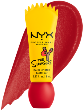 Żółty matowy balsam NYX The Simpsons Rebel Red w tubce z czerwoną nakrętką, na intensywnym, czerwonym smudze koloru.