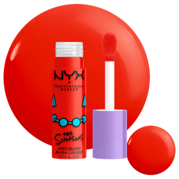 Róż w płynie NYX The Simpsons Snarky Scarlet, czerwona tubka z aplikatorem, motyw Homera na opakowaniu.