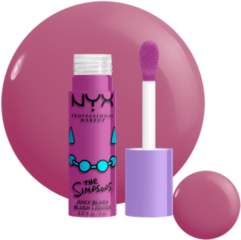 Fioletowy róż w płynie NYX The Simpsons Lavender Sass, butelka z aplikatorem i grafiką bohaterów kreskówki.