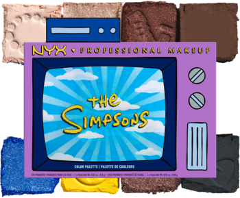 Paleta cieni NYX The Simpsons w kształcie fioletowego telewizora, z logo serialu i błękitnym ekranem.