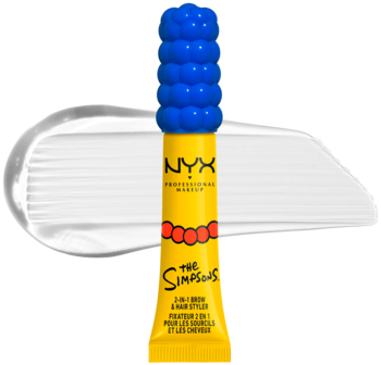NYX The Simpsons transparentny żel do brwi i włosów w żółtej tubce z niebieską, bąbelkową nakrętką. Widok z przodu.