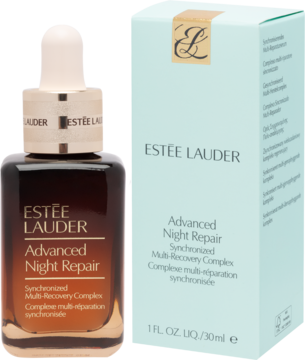 Estée Lauder Advanced Night Repair serum w ciemnej butelce z zakraplaczem oraz jasnoniebieskie pudełko, widok z przodu.