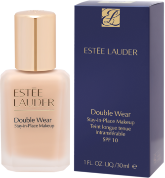 Estée Lauder Double Wear Stay-in-Place Makeup, butelka z beżowym podkładem i granatowe pudełko, widok z przodu.