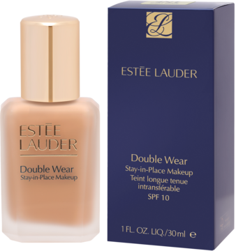 Matujący podkład Estée Lauder Double Wear Shell Beige, butelka z pompką i granatowe pudełko. SPF 10.