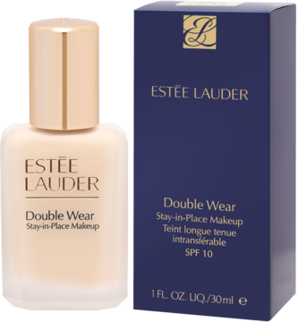 Estée Lauder Double Wear matujący podkład Ivory Nude w szklanej butelce, obok granatowe pudełko. SPF 10.