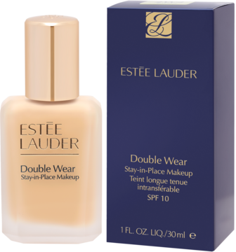 Estée Lauder Double Wear, podkład do twarzy SPF 10 w szklanej butelce z złotą zakrętką, obok granatowe pudełko.