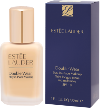 Matujący podkład Estée Lauder Double Wear SPF 10 w beżowej butelce, obok granatowe pudełko z logo.
