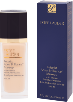 Nawilżający podkład Estée Lauder Futurist Aqua Brilliance Makeup SPF 20, butelka z beżowym płynem obok granatowego pudełka.