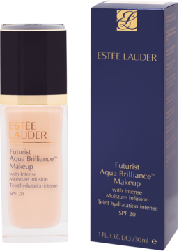 Nawilżający podkład Estée Lauder Futurist Aqua Brilliance SPF 20: butelka i ciemnoniebieskie opakowanie obok siebie.