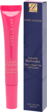 Estée Lauder Futurist Blushmaker Dewy Cheek Tint, różowa tubka obok granatowego pudełka, widok z przodu.