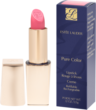 Estée Lauder Pure Color Lipstick Creme, różowa szminka w złotym etui obok granatowego pudełka z napisem.