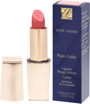 Estée Lauder Pure Color koralowo-różowa szminka creme w otwartym złotym opakowaniu z pudełkiem.
