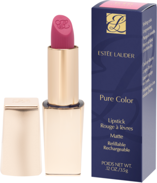Otwarta różowa szminka Estée Lauder Pure Color Matte w złotej oprawie obok granatowego pudełka.