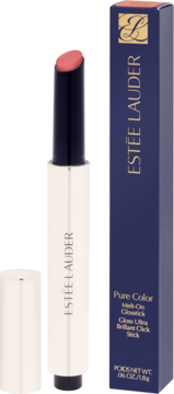 Estée Lauder Pure Color Melt-On Glossstick, koralowa pomadka wysunięta z białej tubki, obok granatowe pudełko.
