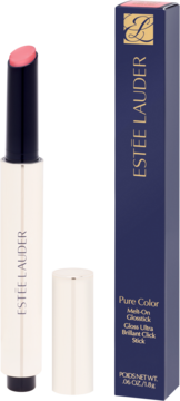 Estée Lauder Pure Color Melt-On Glowstick w białej tubce z różową pomadką, obok ciemnoniebieskie pudełko.