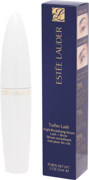Estée Lauder Turbo Lash Night Serum do rzęs i brwi, biała tubka i granatowe pudełko z logo. Widok z przodu.
