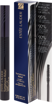 Estée Lauder Sumptuous Rebel Length + Lift Mascara, czarna tubka i niebieskie pudełko z napisem 95% grubsze rzęsy, widok z przodu.