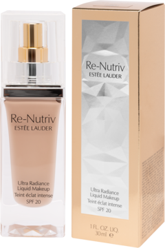 Estée Lauder Re-Nutriv Ultra Radiance Liquid Makeup SPF 20, beżowa butelka z pompką i złoty kartonik.