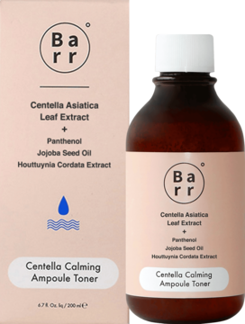 Tonik Barr Centella Calming Ampoule Toner z Centella Asiatica w brązowej butelce i jasnoróżowym pudełku, z przodu.