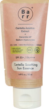 Barr Centella Soothing Sun Essence SPF 50+ PA++++ w matowej, różowej tubce z białą zakrętką, z przodu.