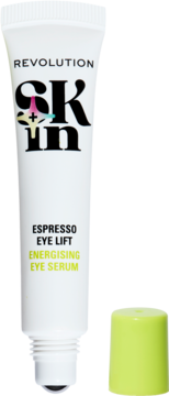 Revolution Skin Espresso Eye Lift Energising Eye Serum w białej tubce z rollerem i zieloną nakrętką, widok z przodu.