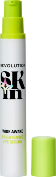 Revolution Skin Wide Awake Brightening Eye Serum w białej butelce z neonowo zieloną pompką i zdjętą nakrętką.