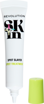 Biała tubka Revolution Skin Spot Slayer kremu punktowego 1% IPC. Neonowa zakrętka leży obok, widok z przodu.