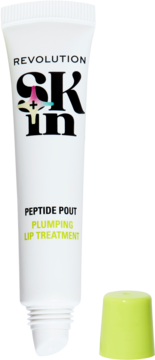 Revolution Skin Peptide Pout balsam do ust, biała tubka z odkręconą jasnozieloną zakrętką, widok z przodu.