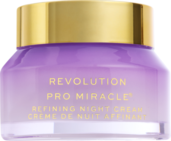 Fioletowy słoiczek Revolution Pro Miracle Retinoid Refining Night Cream, złota nakrętka, widok z góry.