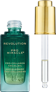 Revolution Pro Miracle Vegan Pro-Collagen Face Oil w zielonej butelce ze złotym, otwartym kroplomierzem.