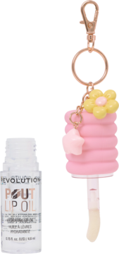 Revolution Pout Lip Oil Lychee Clear. Przezroczysta butelka obok różowej zawieszki-klipsa z aplikatorem i kwiatem.