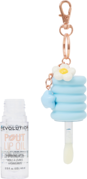 Revolution Pout Lip Oil Lychee Clear, butelka, niebieski karbowany breloczek z stokrotką i aplikatorem do ust.