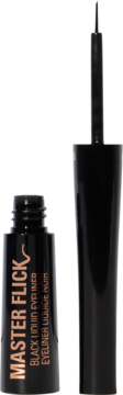 Makeup Revolution Master Flick Liquid Eyeliner Black, otwarta czarna butelka i aplikator z precyzyjną końcówką, złote napisy.