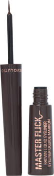 Revolution Master Flick brązowy eyeliner w płynie. Otwarta butelka z aplikatorem, widoczny napis "Master Flick".