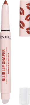 Revolution Blur Lip Shaper, otwarta konturówka nude z brązowym wkładem i aplikatorem; obok nakrętka w usta.
