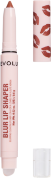 Revolution Blur Lip Shaper, peptydowa konturówka z beżowym sztyftem. Otwarta, z widocznym aplikatorem i wzorzystą nakrętką w usta.