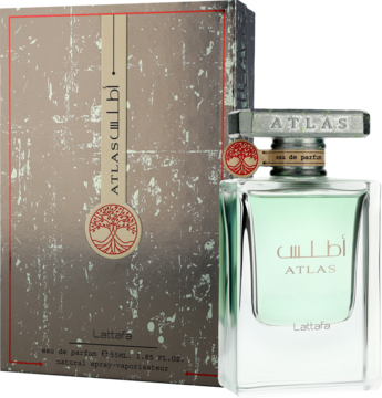 Lattafa Atlas eau de parfum 100ml w przezroczystej butelce z zielonym płynem i teksturowane pudełko, widok z boku.