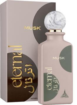 Perfumy Eternal Musk w beżowej butelce ze złotym detalem, marmurową nakrętką, widok z przodu z pudełkiem.