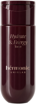 Toner do twarzy hérmonic Hydrate & Energy w burgundowej butelce. Błyszcząca butelka z złotym napisem, widok z przodu.