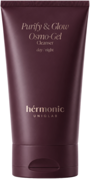 Ciemnobordowa tubka hérmonic Purify & Glow Osmo-Gel Cleanser day/night, matowa, widok z przodu.