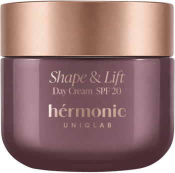 Hermonic Shape & Lift Day Cream SPF 20. Śliwkowy słoik z metaliczną, miedzianą nakrętką, widok przodem.