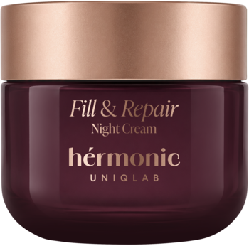 hérmonic Fill & Repair Night Cream, wypełniający i regenerujący, w bordowym słoiczku z błyszczącą nakrętką.